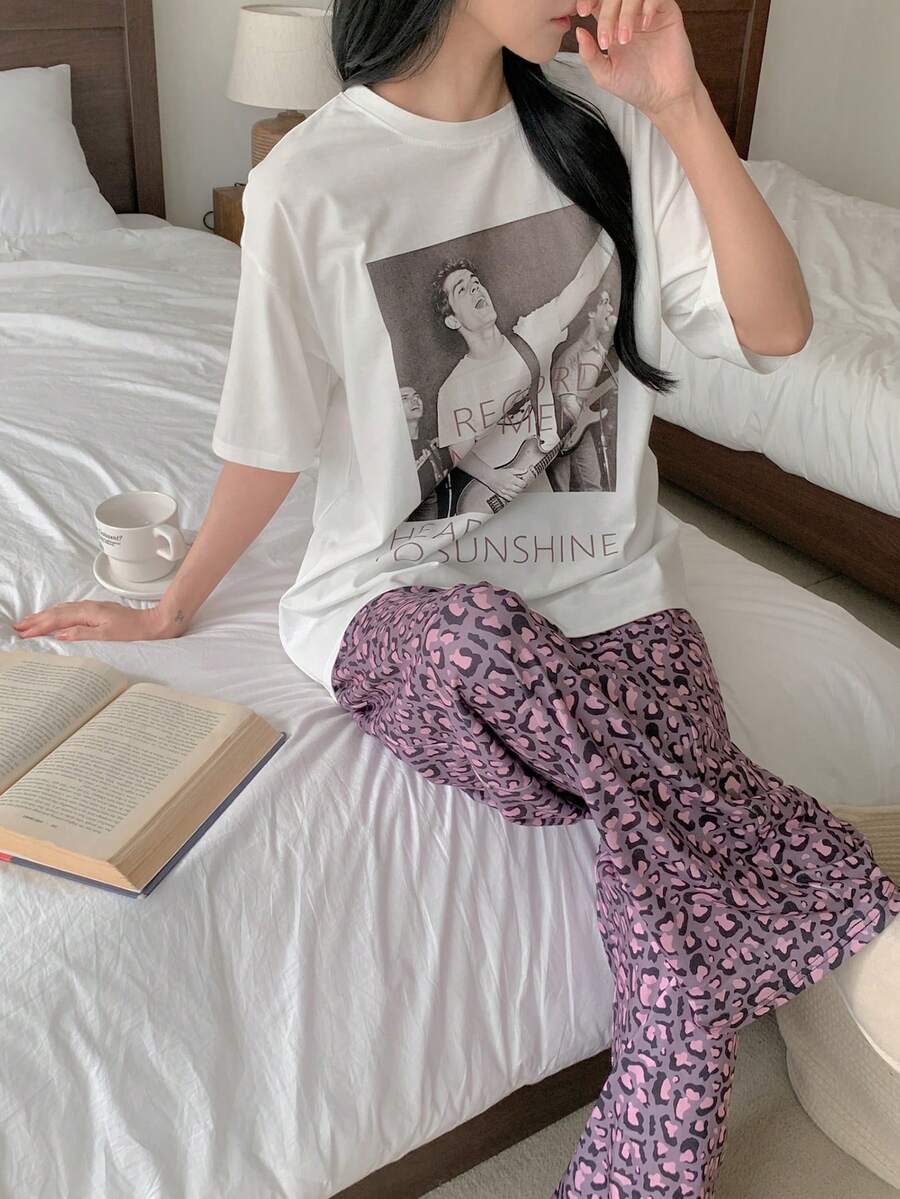 DAZY Letter & Character Print Loose T-Shirt Top & Leopard Pattern Loose Pajama Pants Women Sleepwear Set - White - View 1