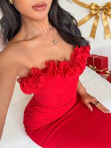 Rafferiza 女式欧根纱花卉装饰紧身腰部褶皱连衣裙 - 紅色 - 查看 7