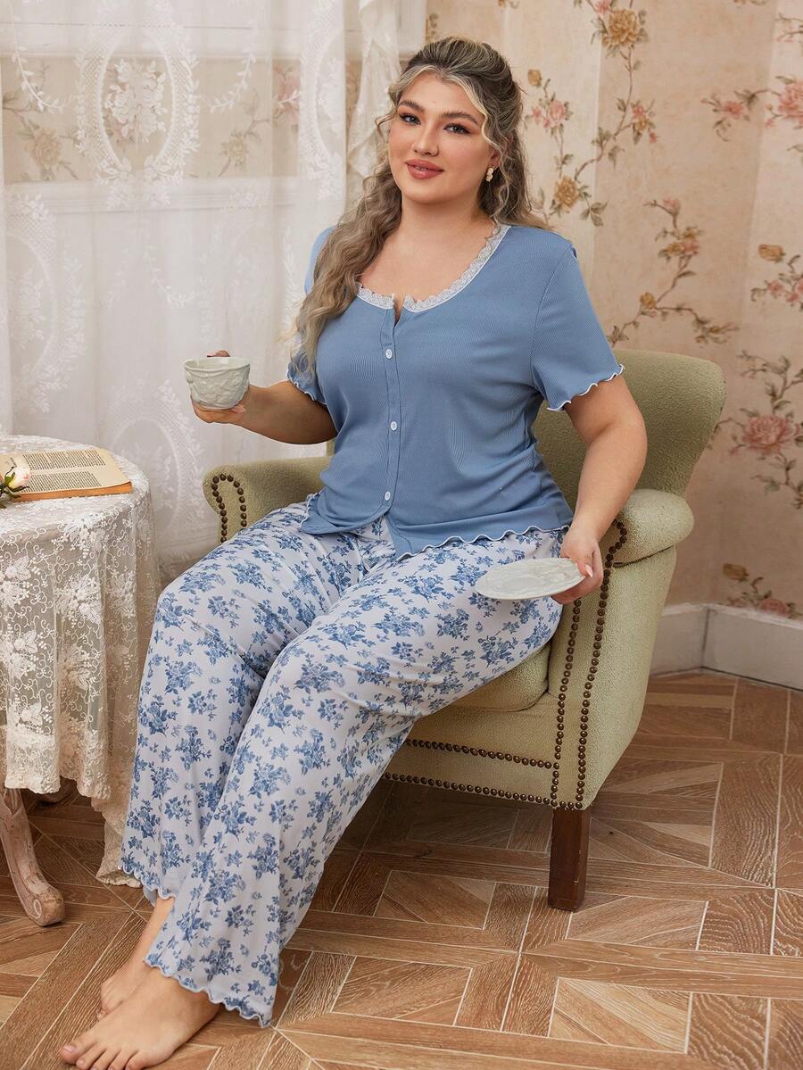SHEIN Plus Size Romantic V-Neck Button Decor Lace Trim Floral Print Short Sleeve Pajama Set - Multicolor - View 1