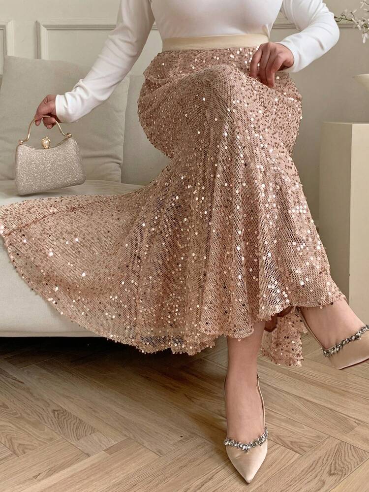 Dazy Plus Valentine Elastic Waist Chiffon Beaded Embroidered Mermaid Skirt, Elegant Gold Color For Formal Occasions Carnival