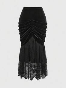 ROMWE EDITION Váy cỡ lớn dành cho nữ, kiểu dáng cổ điển Gothic lãng mạn, chất liệu nhung và ren tương phản. - màu đen - Xem 9