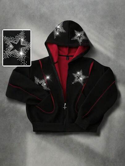 Sudadera de hombre con parches de diamantes brillantes y estrellas, contraste de colores, estilo callejero retro
