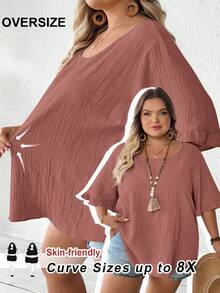 SHEIN CURVE+ 大码女式荷叶边短袖衬衫，宽松休闲下摆，适合日常及度假穿着，夏季，曲线身材，波西米亚风度假/乡村/海滩装扮，夏季上衣 - 中紫紅色 - 查看 8