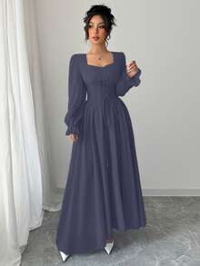 Modelyn Women's Solid Color Sweetheart Neck Flare Sleeve Tie-Waist French Elegant Dress - Blue - View 6