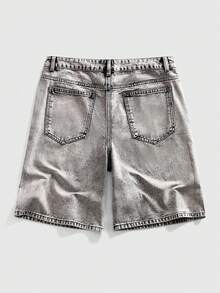 ROMWE MEN Street Life 男士休闲百搭牛仔短裤，带口袋，饰有鱼形刺绣和字母图案 - 灰色 - 查看 3