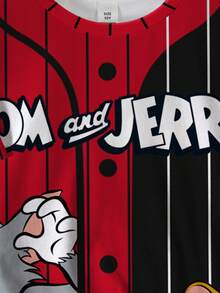 TOM & JERRY X SHEIN Tween Boy Striped & Cartoon Graphic Color Block Round Neck Short Sleeve T-Shirt - White - View 4