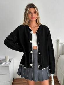 SHEIN Black Lightweight Knit Cardigan With Contrast Trim And 3D Flower Buttons Elegant Chic Long Sleeve Sweater Spring Outfit - Black - View 5