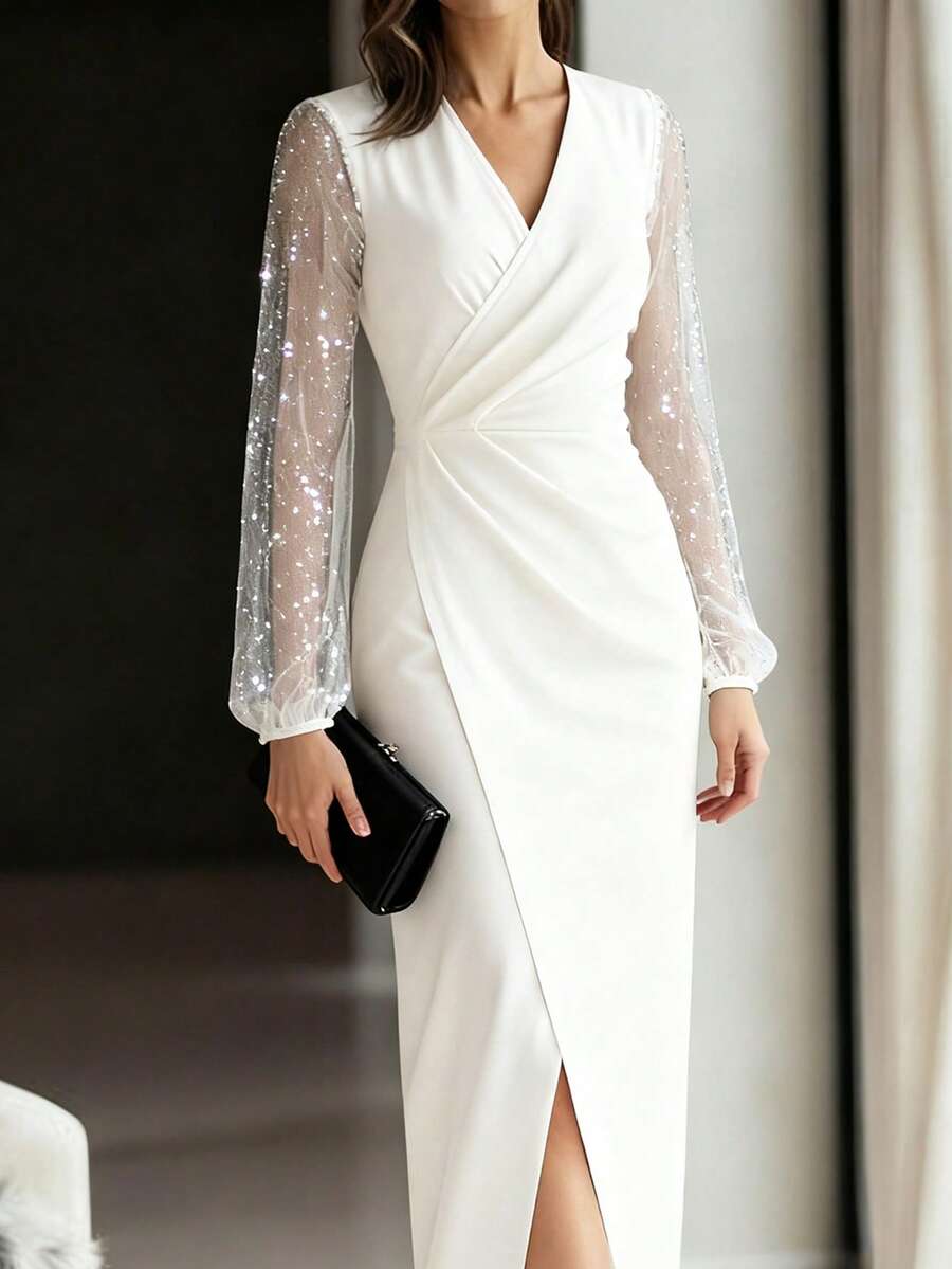 Balvessa 女士修身腰部拼接网纱箔面短裙 - 白色 - 查看 1