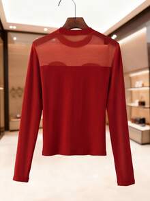 Franclia Elegant Burgundy Fabric Long Sleeve Regular Length Semi Sheer Top For Women - Burgundy - View 2
