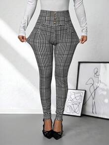 SHEIN PETITE Quần dệt kim cạp cao màu đen trắng họa tiết kẻ caro thanh lịch dành cho nữ, mùa hè - Đen và trắng - Xem 3