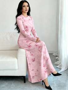 Al Najma 复古花卉纹理数码印花圆领长袖A字连衣裙，女士，春季 - 彩色 - 查看 5