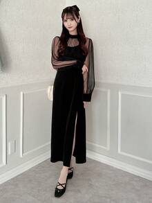 FRIFUL 女士网纱拼接高开衩修身连衣裙 - 黑色 - 查看 6