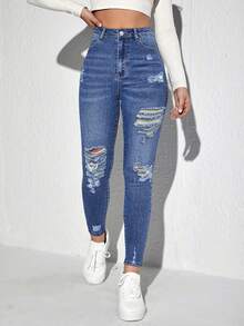 Rivivi 大码女式牛仔风蓝色弹力性感破洞修身牛仔裤，冬季穿搭 - 中等水洗藍 - 查看 3