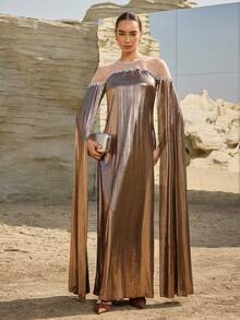 Graceveil Damen Rundhals Mesh Patchwork Extra Lange Ärmel Lässig Urlaubs Party Arabischer Stil Kleid - Aprikosenfarben - Übersicht 5