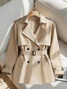 SHEIN Franclia Women's Elegant Collar Belt Double-Breasted Design Trench Coat, Suitable For Spring And Autumn Outings And Dates - Khaki - View 3