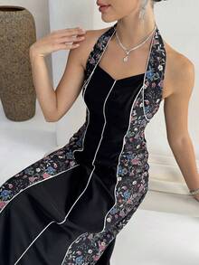 Yasmyna Women's Halter Backless Floral Print Elegant Party Dress - Apricot - View 1