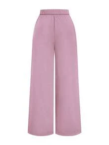 Sweetra 大码女式二合一金属扣装饰西装裤，修身显瘦，优雅百搭，适合工作和休闲场合，直筒裤型，秋冬款 - 藕粉色 - 查看 2