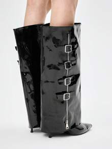 ROMWE Grunge Punk Women's Fashion Commuter Buckle Pointed Toe Knee-High Boots Valentine's Day - Black - View 4