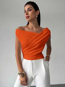 Firerie Women's Elegant Minimalist Chic Fashion Sexy Daily Commute Music Festival Vacation Asymmetric Neck Draped Cropped White Top, Spring/Summer - Orange - View 4