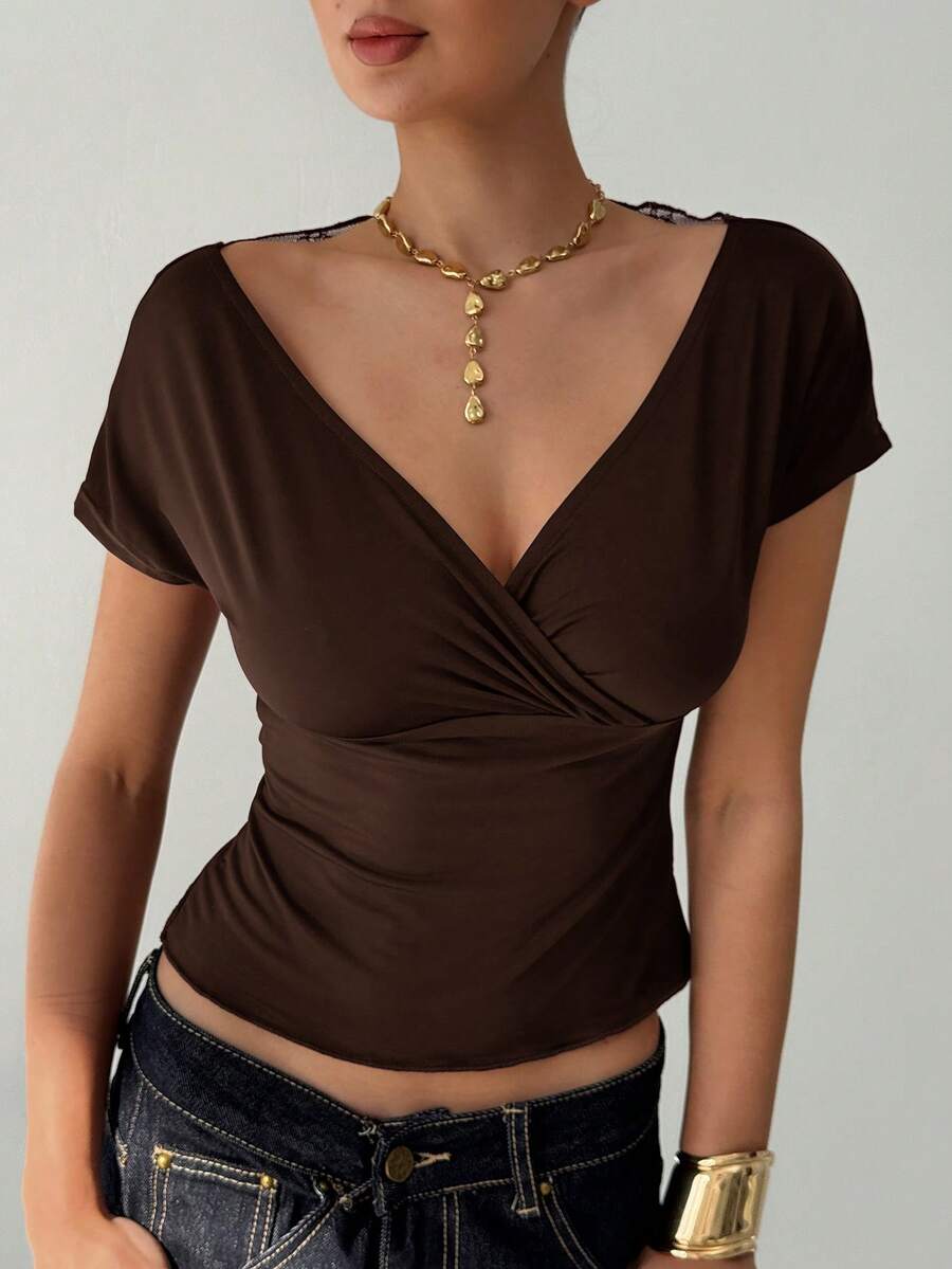 Aloruh Áo thun nữ cổ chữ V tay ngắn phối ren xuyên thấu gợi cảm. - Cà phê nâu - Xem 1