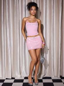 Y2Kool BiGraphic Y2K Inspired Lace Patchwork Sequin Striped Casual Mini Skirt For Women, Suitable For Spring/Summer Holiday, Party, Valentine's Day, Daily Wear - Pink - View 4