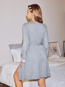 Women's Elegant Lace Patchwork A-Line Hem Long Sleeve Robe, Fall - Dark Grey - View 2