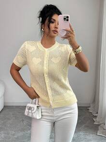 Elenzga Women's Spring/Summer New Heart Pattern Cardigan, Crew Neck, Casual, Fashionable, Sweet, Soft, Cream Yellow, Fitted Regular Style Knit Top - Yellow - View 1