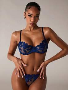 SHEIN BAE Women's Embroidered Mesh Contrast Sexy Lingerie Set - Blue - View 6