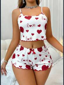 SHEIN Women's Heart & Letter Print Jacquard Ruffle Trim Camisole & Shorts Pajama Set Cute Lounge Set Cute Underwear Sets Women Summer Sets Cute Sets For Women Lingerie Sleep Set - Multicolor - View 4