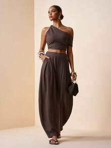 Zivah 2026春夏新品,适合音乐节、复活节、圣帕特里克节、情人节、约会、西部风、游牧风、生日派对、毕业典礼、大学、学生、日常休闲、百搭、休闲、度假、邮轮旅行、海滩、日光浴、热门单品、街头风、婚礼宾客波西米亚风、通勤、早午餐、机场、派对、假日郊游、办公穿着。宽松抽绳弹力腰带拉链口袋亚麻褶皱棕色长裤 - 棕色 - 查看 7