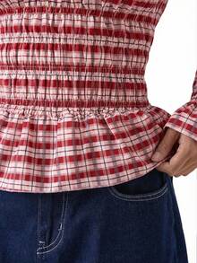 SHEIN EZwear 女士休闲格纹印花喇叭袖荷叶边下摆修身衬衫，优雅女士衬衫，适合春秋季穿着，舒适百搭 - 紅色 - 查看 6
