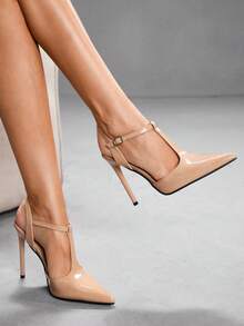 CUCCOO SZL Giày cao gót nữ màu đỏ tía có khóa trang trí - Màu be - Xem 1