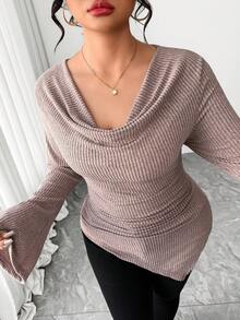 SHEIN Tall CURVE 大码优雅柔软绒毛针织喇叭袖T恤，适合高个女性 - 淺粉色 - 查看 3