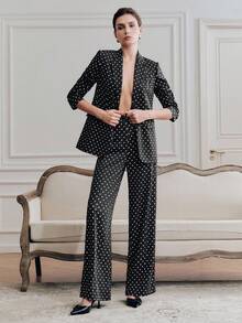 Anewsta Retro Polka Dot Long Sleeve Lapel Blazer + High Waist Drape Contrast Sash Women's Suit Pants, Women's Suit Set