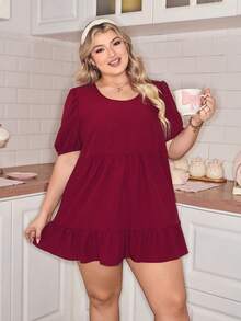 SweetSlumber 大码女式可爱Y2K泡泡袖宽松睡裙，情人节 - 酒紅色 - 查看 3