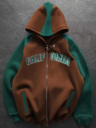 Herren Sweatshirt mit Kapuze, Reißverschluss vorne, Kordelzug und Kontrastfarbigen Raglanärmeln mit Buchstaben-Muster