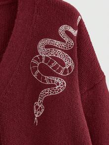ROMWE Gothic Snake & Moon Embroidery V-Neck Loose Cardigan, Plus Size - Burgundy - View 3