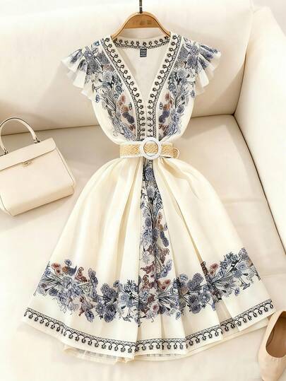 Franclia Vestido corto elegante con cuello cruzado en V, estampado floral y volantes en el bajo, manga corta; Vestido midi de línea A con estampado de ubicación; Vestido de verano azul para mujer; Vestido de estilo vacacional; Vestido de verano minimalista de moda