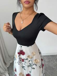 SHEIN Elenzya 优雅网纱撞色连衣裙，夏季刺绣网纱连衣裙，女士长裙，夏季吊带连衣裙，女士春季连衣裙，女士度假连衣裙，也适合作为婚礼宾客礼服、优雅连衣裙或乡村音乐会服装。通勤休闲返校季教师工作连衣裙 - 彩色 - 查看 4