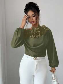 Elenzga 女士纯色3D立体花卉装饰不对称领长袖衬衫 - 軍綠色 - 查看 5