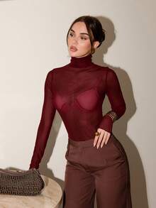 Bris Aura 女士 2025 新款百搭实用服饰,四向弹力面料长袖高领高领优雅酒红色衬衫,适合秋冬,新年女士上衣,长袖网眼衬衫,红色女士衬衫,商务休闲办公装,低调复古风格,高品质通勤机场女士服饰,高档材质 - 酒紅色 - 查看 6