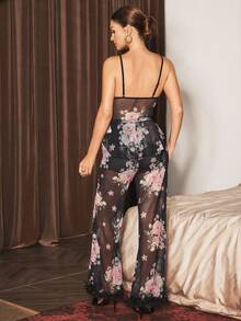 Slumberist 心形水钻花卉印花提花吊带背心和长裤睡衣套装 - 黑色 - 查看 5