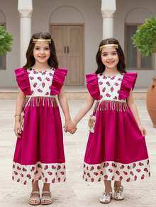SHEIN Blush Pink Summer Formal Party Floral Contrast Color Sequins Tassel Long Ruffle Hem Abaya Kaftan With Bag For Girls - Hot Pink - View 9
