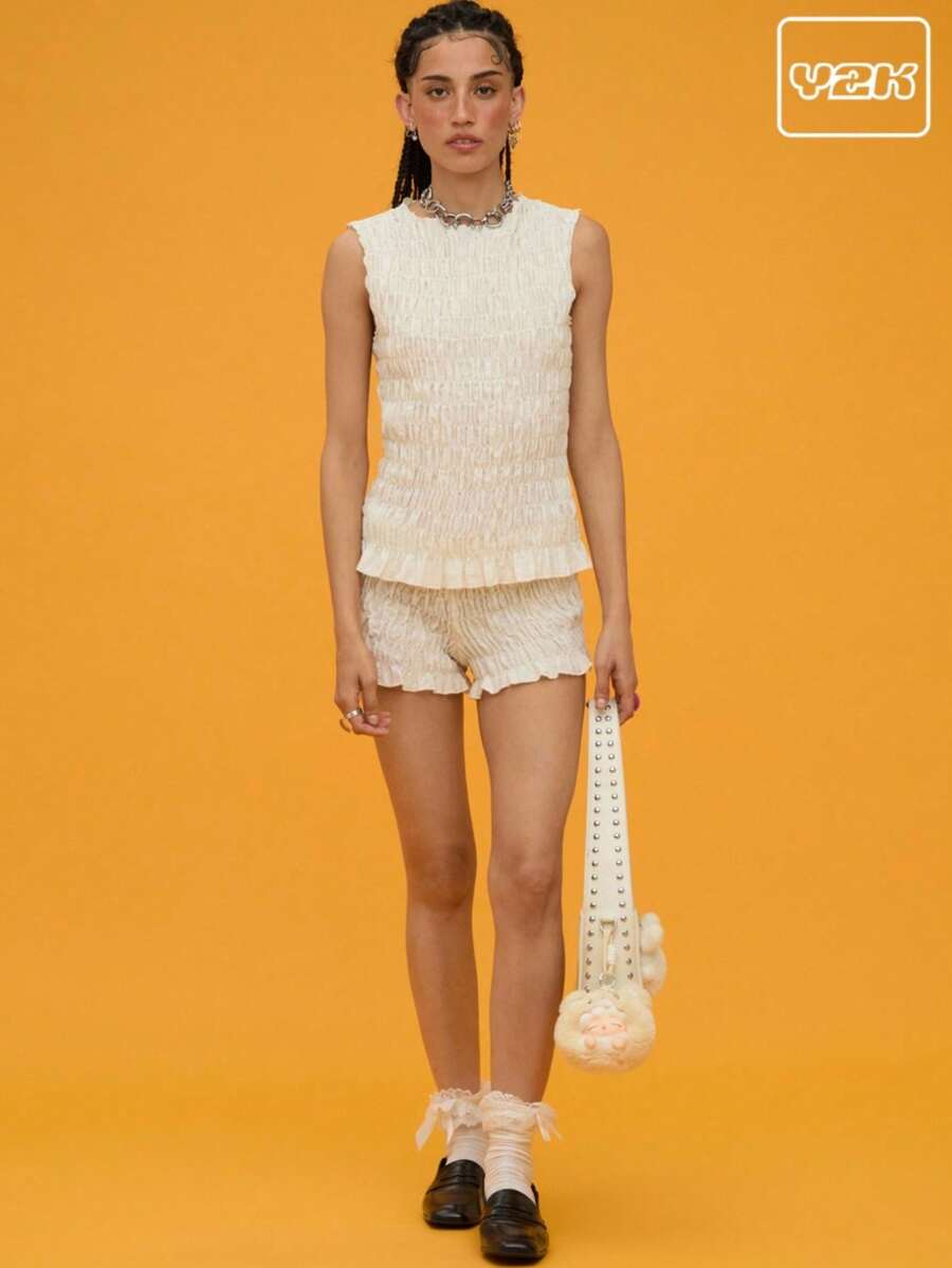 COUREZ 褶皱雪纺超短短裤 / Y2K 夏季女装度假装夏季短裤复古 - 白色 - 查看 1