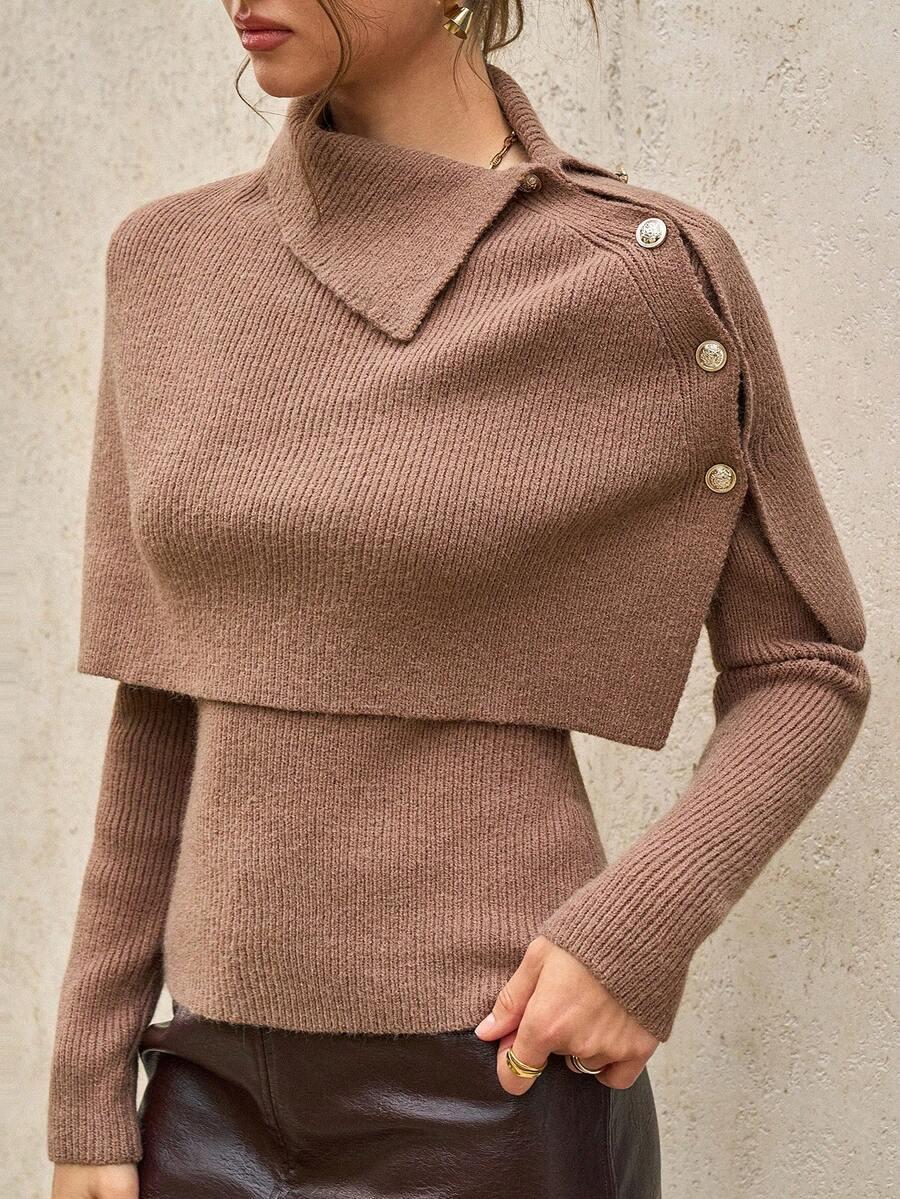 Cévolie Áo len dài tay cổ bẻ màu trơn cài cúc dành cho nữ. - Màu Khaki - Xem 1