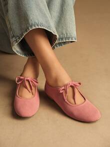 Rosivie 女士休闲百搭系带平底鞋 - 粉色 - 查看 4
