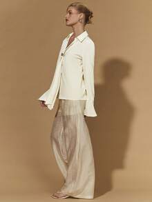 COSMINA Áo sơ mi nữ thanh lịch cổ buộc dây tay loe, trang trí kim loại, đa năng cho đi làm hàng ngày, hẹn hò, công sở, đầu xuân, áo sơ mi màu kem, áo sơ mi thanh lịch, áo kiểu nữ, áo sơ mi lụa, áo sơ mi nữ - Màu be - Xem 6