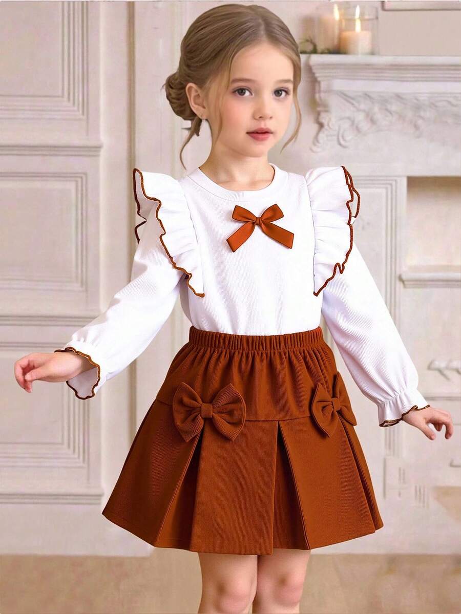 Adorable Young Girls Khaki Rib Knit Round Neck Long Sleeve Tee With Ruffles And Matching Pleated Skirt Co-Ords - Khaki - View 1
