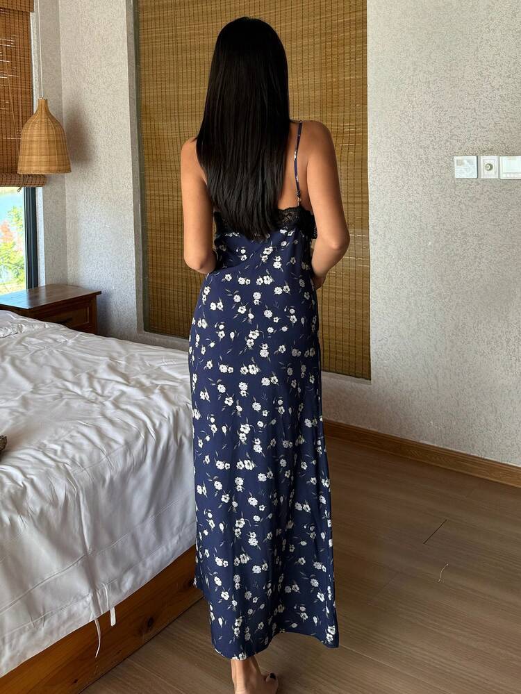 Floral Contrast Color Lace Patchwork Sleeveless Long Women Nightgown