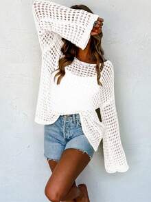 Calvaya New Style Loose Vintage Hollow Out Solid Color Knit Sweater Fall Winter Cloth For Women - White - View 4